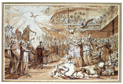Caricatura del clero en la Asamblea Constituyente de diciembre de 1790 refutando la imposición de la Constitución Civil sobre la Iglesia, 1790 de Claude Louis Desrais